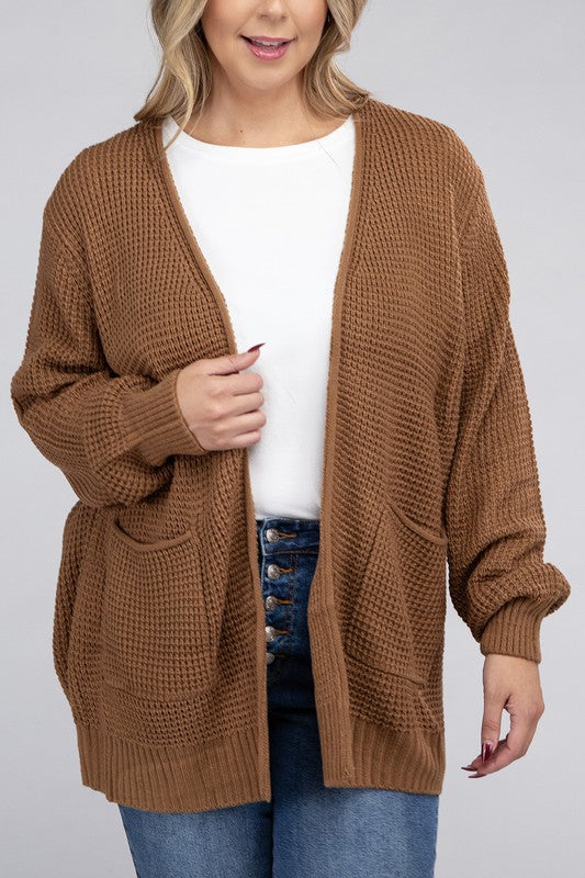 Curvy Cozy Waffle Knit Open Cardigan Sweater