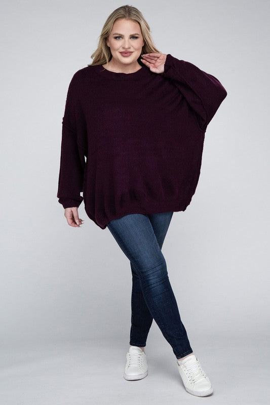 Curvy Oversized Round Neck Raw Seam Melange Sweater
