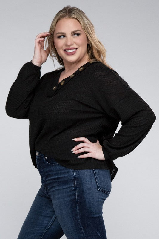 Curvy Brushed Waffle V-Neck Button Detail Sweater