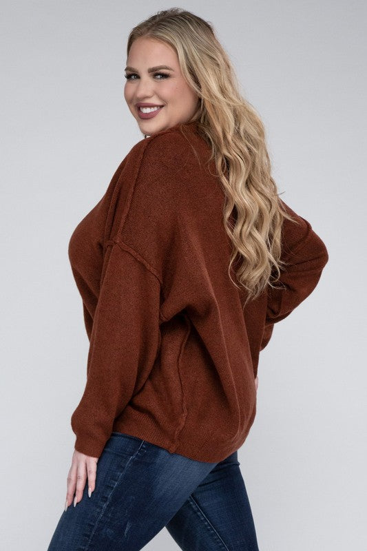 Curvy Oversized Round Neck Raw Seam Melange Sweater