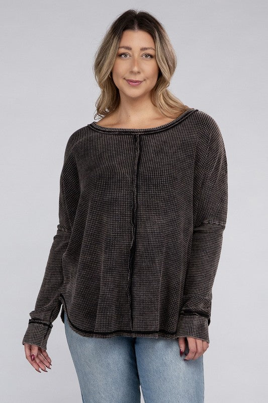 Curvy Washed Baby Waffle Oversized Long Sleeve Top