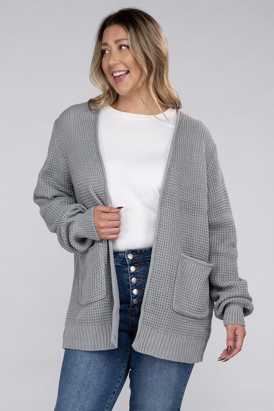 Curvy Cozy Waffle Knit Open Cardigan Sweater