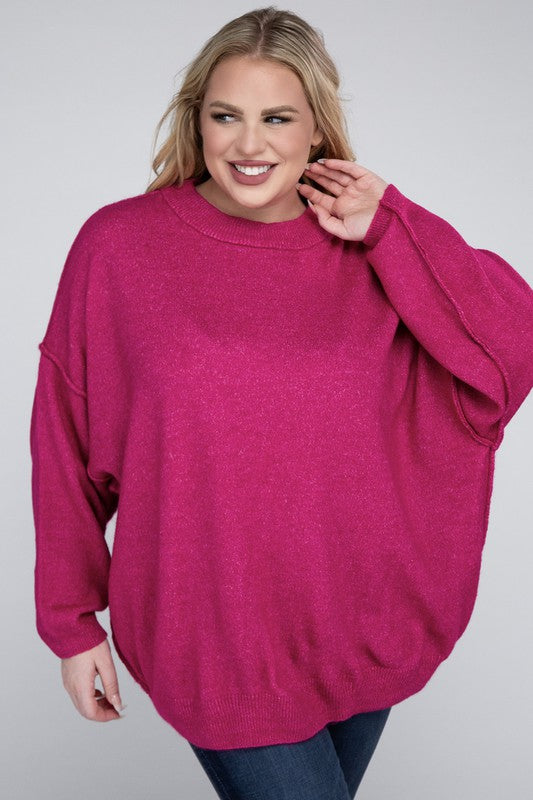 Curvy Oversized Round Neck Raw Seam Melange Sweater