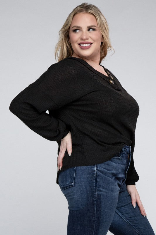 Curvy Brushed Waffle V-Neck Button Detail Sweater