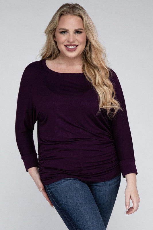 Curvy Luxe Ruched Boat Neck 3/4 Sleeve Top