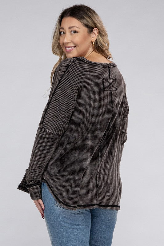Curvy Washed Baby Waffle Oversized Long Sleeve Top