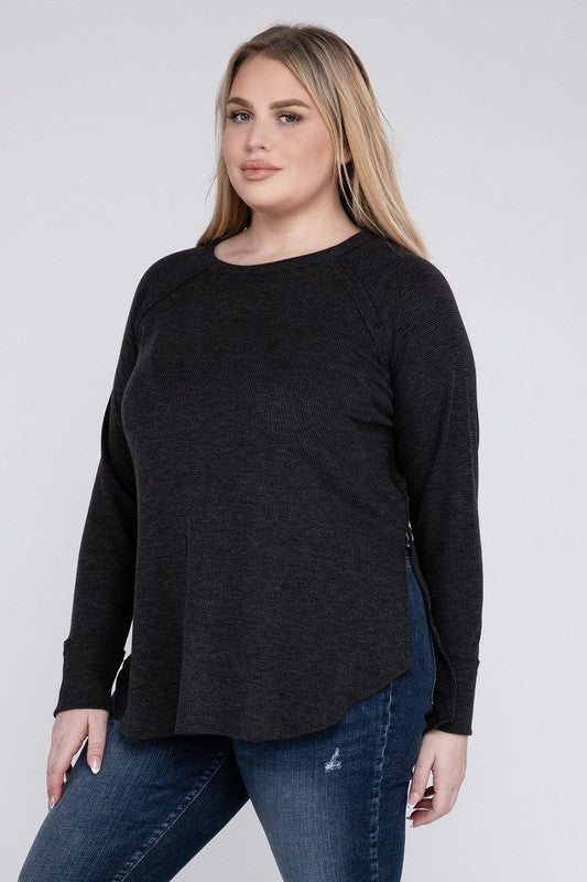 Curvy Melange Baby Waffle Long Sleeve Top