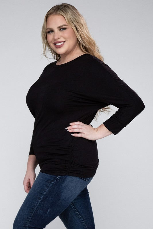 Curvy Luxe Ruched Boat Neck 3/4 Sleeve Top