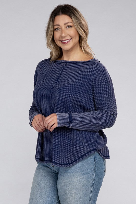 Curvy Washed Baby Waffle Oversized Long Sleeve Top