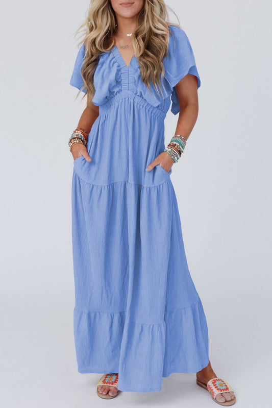 Adrienne Flutter Sleeve Ruffled Maxi Dress