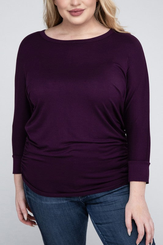Curvy Luxe Ruched Boat Neck 3/4 Sleeve Top