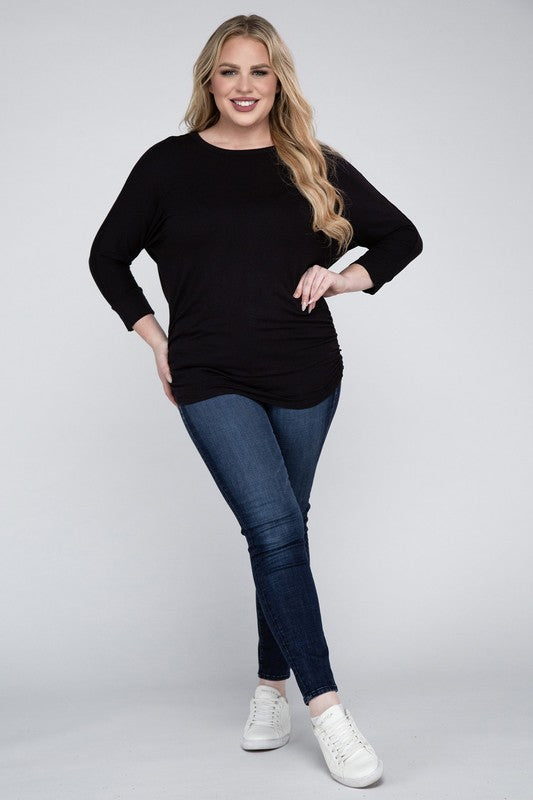 Curvy Luxe Ruched Boat Neck 3/4 Sleeve Top