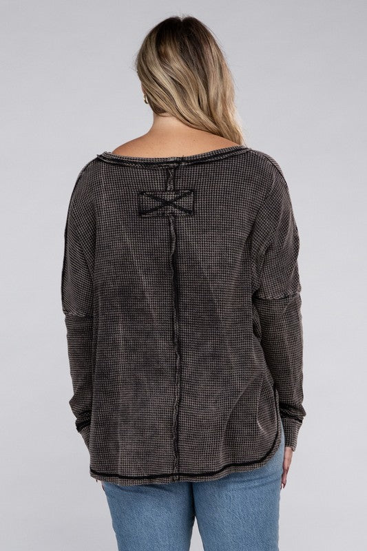 Curvy Washed Baby Waffle Oversized Long Sleeve Top