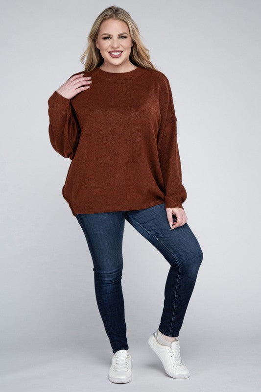Curvy Oversized Round Neck Raw Seam Melange Sweater