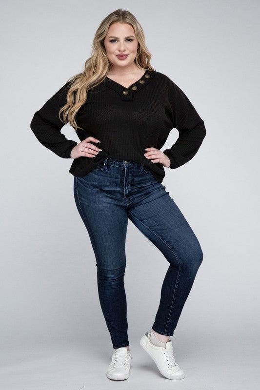 Curvy Brushed Waffle V-Neck Button Detail Sweater