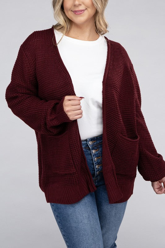 Curvy Cozy Waffle Knit Open Cardigan Sweater