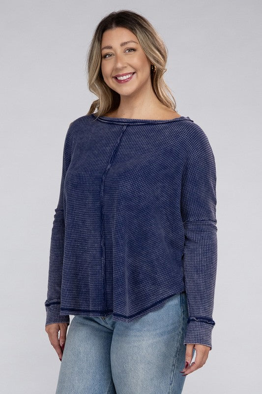 Curvy Washed Baby Waffle Oversized Long Sleeve Top