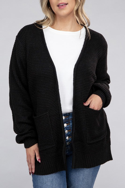 Curvy Cozy Waffle Knit Open Cardigan Sweater