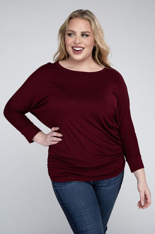Curvy Luxe Ruched Boat Neck 3/4 Sleeve Top