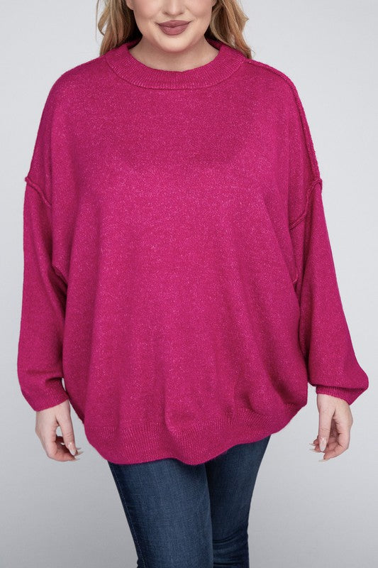 Curvy Oversized Round Neck Raw Seam Melange Sweater