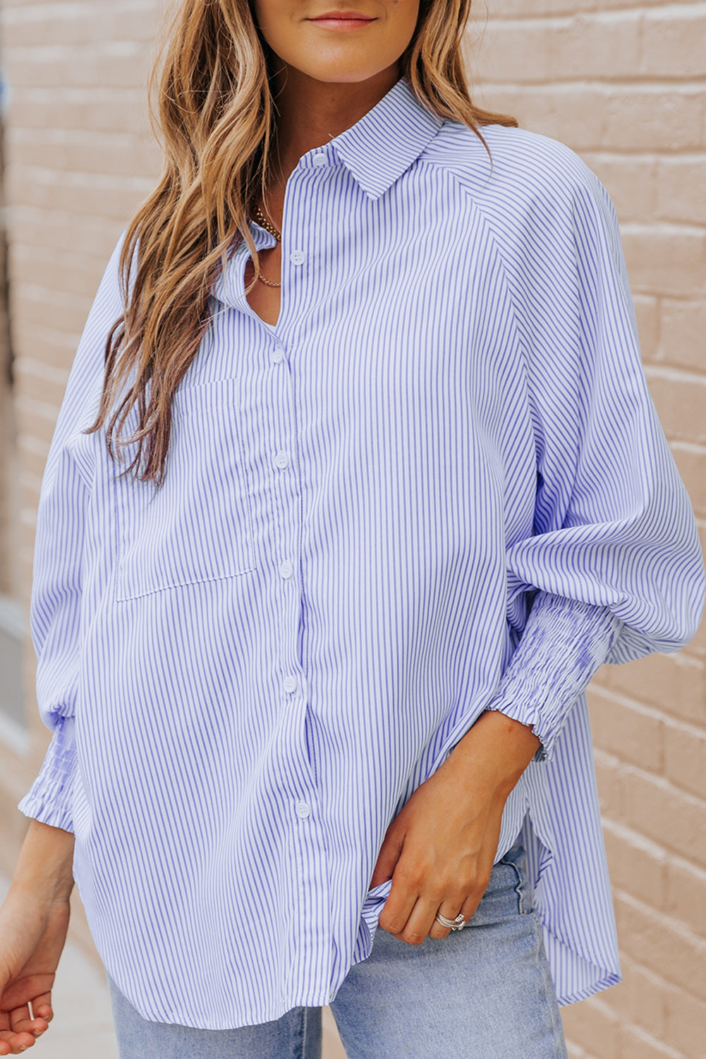 Sagamore Buttoned Striped Shirred Cuff Blouse