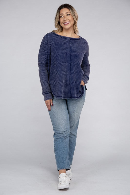 Curvy Washed Baby Waffle Oversized Long Sleeve Top