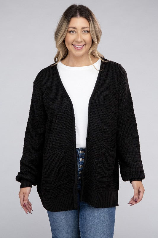 Curvy Cozy Waffle Knit Open Cardigan Sweater