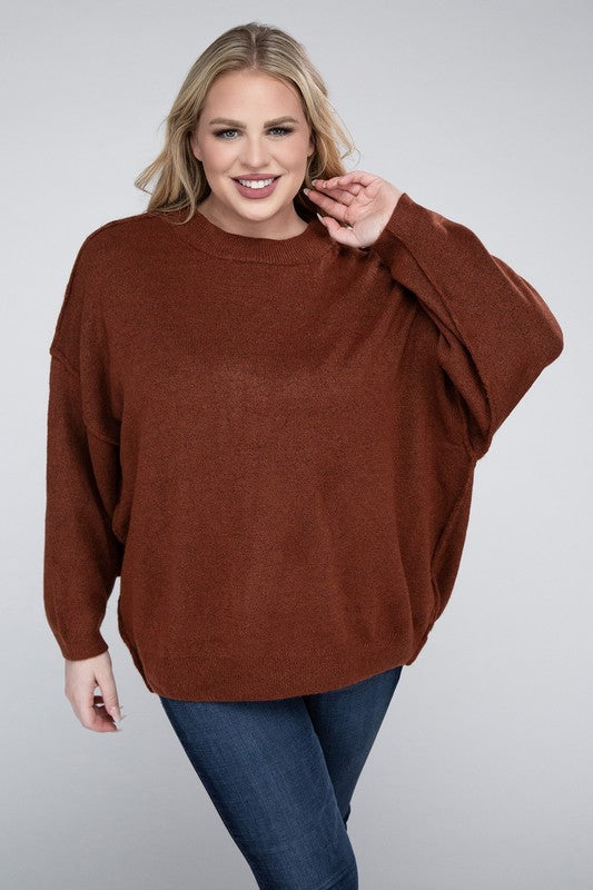 Curvy Oversized Round Neck Raw Seam Melange Sweater