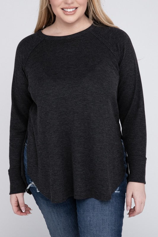 Curvy Melange Baby Waffle Long Sleeve Top