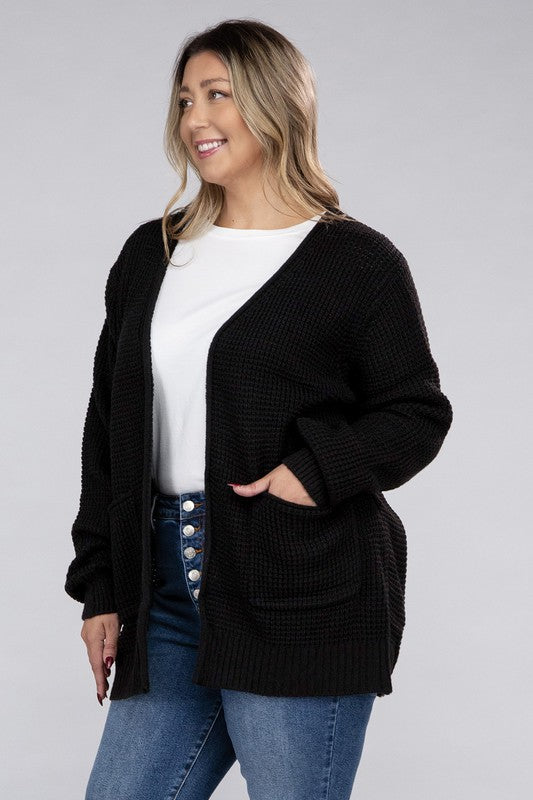 Curvy Cozy Waffle Knit Open Cardigan Sweater