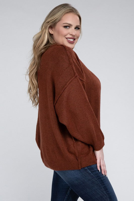 Curvy Oversized Round Neck Raw Seam Melange Sweater