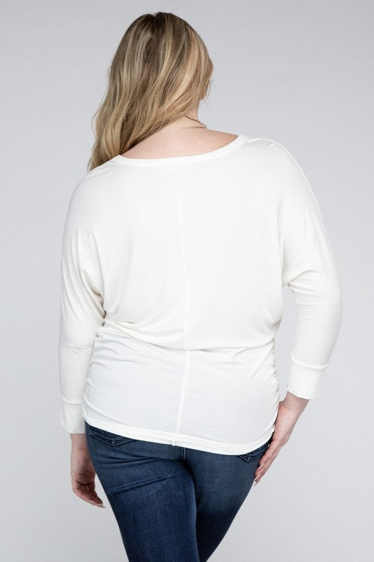 Curvy Luxe Ruched Boat Neck 3/4 Sleeve Top