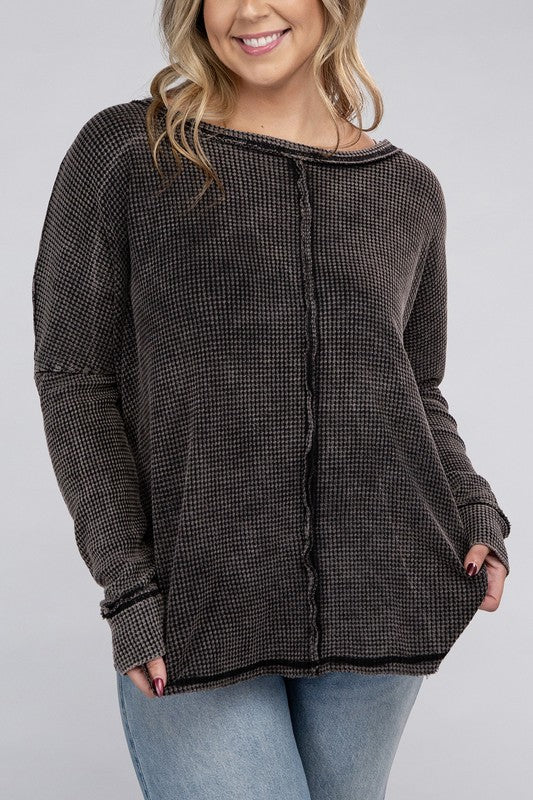 Curvy Washed Baby Waffle Oversized Long Sleeve Top