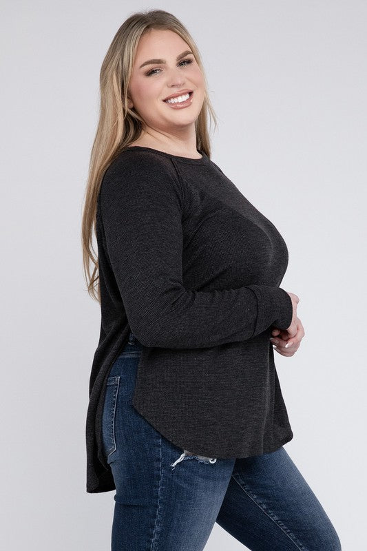 Curvy Melange Baby Waffle Long Sleeve Top