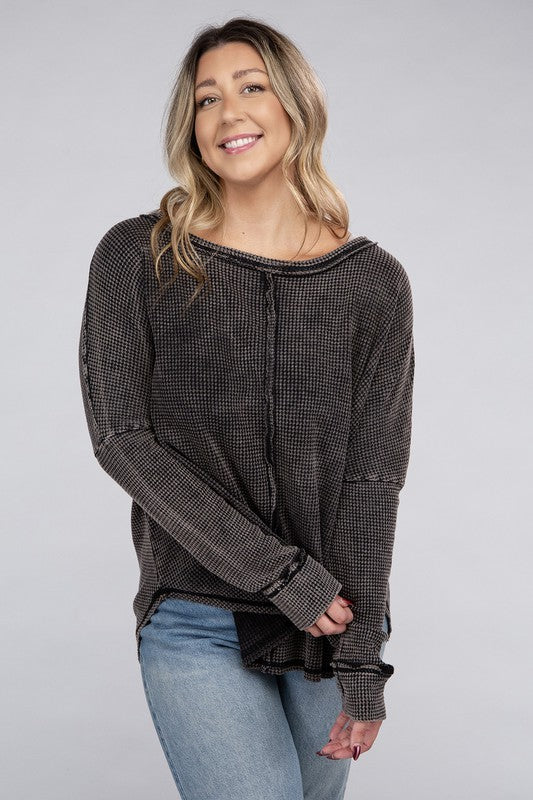 Curvy Washed Baby Waffle Oversized Long Sleeve Top