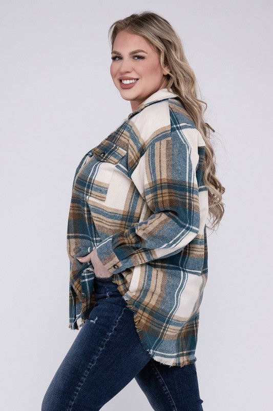 Curvy Yarn Dyed Plaid Shirt Jacket