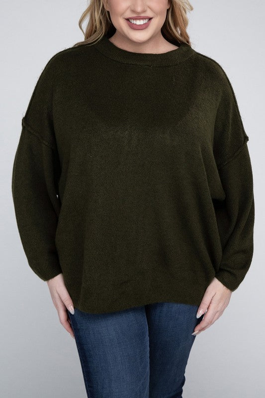 Curvy Oversized Round Neck Raw Seam Melange Sweater