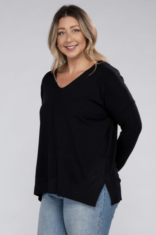 Curvy Garment Dyed Front Seam Sweater