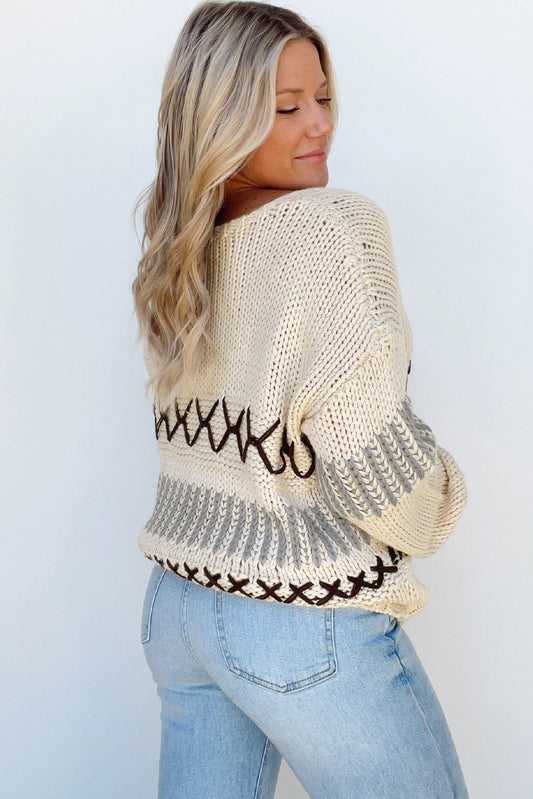 Geo Stitching Oatmeal Loose Knit Sweater