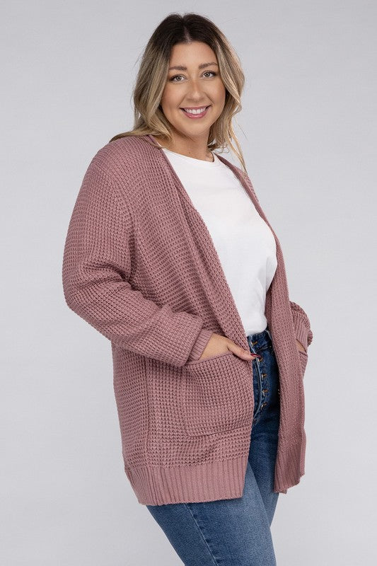 Curvy Cozy Waffle Knit Open Cardigan Sweater