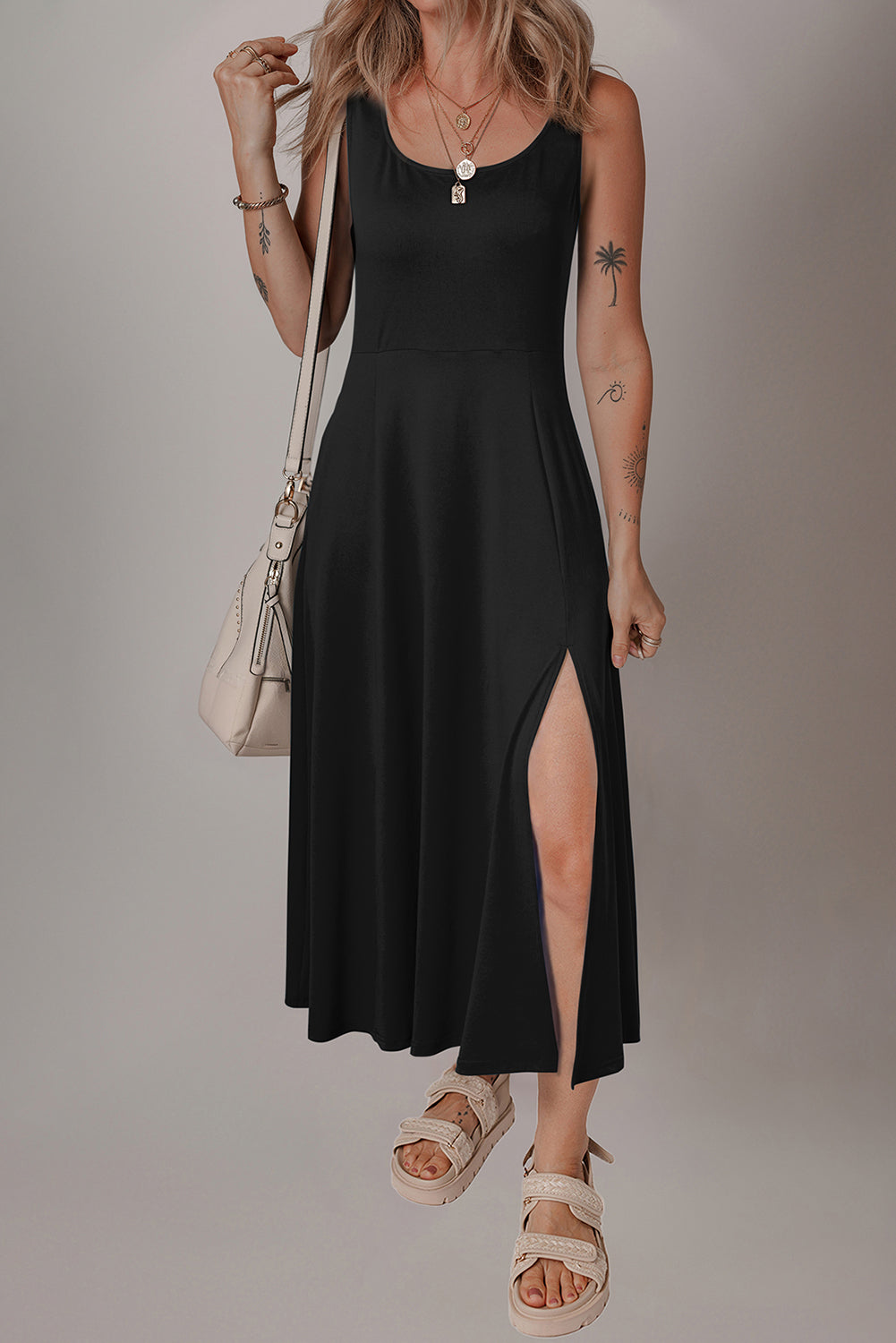 Seasonless Solid Slit Midi Dress