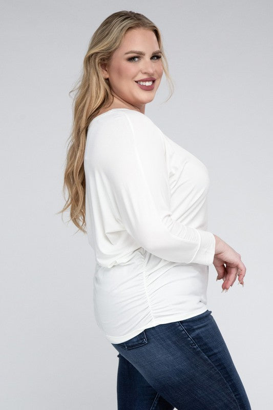 Curvy Luxe Ruched Boat Neck 3/4 Sleeve Top