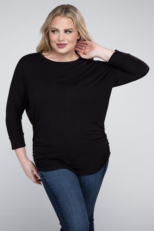 Curvy Luxe Ruched Boat Neck 3/4 Sleeve Top