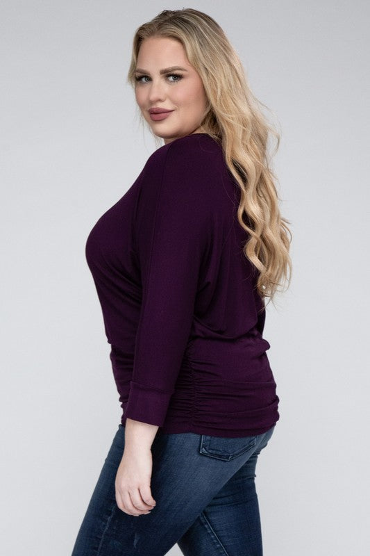 Curvy Luxe Ruched Boat Neck 3/4 Sleeve Top