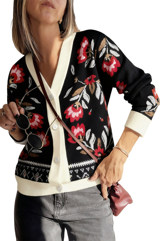 Vera Floral Print Contrast Trim Cardigan