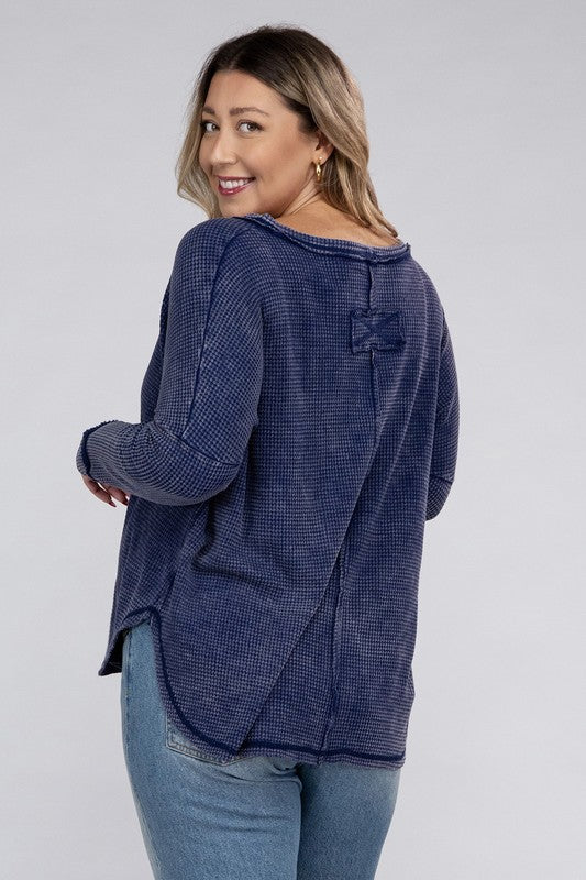 Curvy Washed Baby Waffle Oversized Long Sleeve Top
