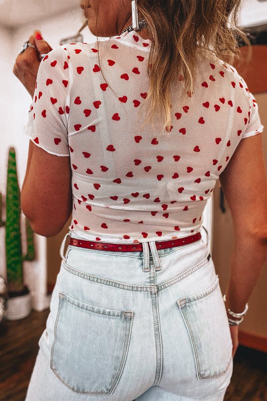 Lovely Heart Print Mesh Short Sleeve Top