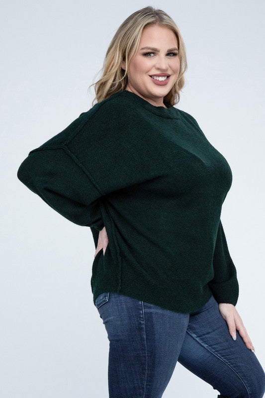 Curvy Oversized Round Neck Raw Seam Melange Sweater