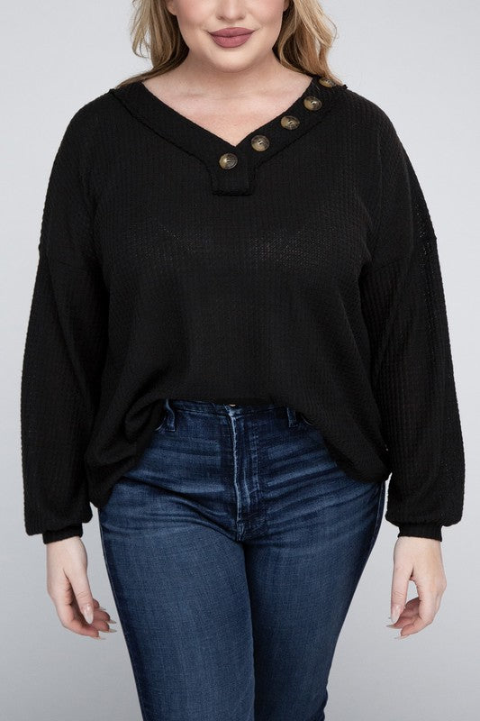 Curvy Brushed Waffle V-Neck Button Detail Sweater