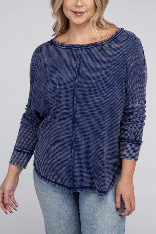 Curvy Washed Baby Waffle Oversized Long Sleeve Top